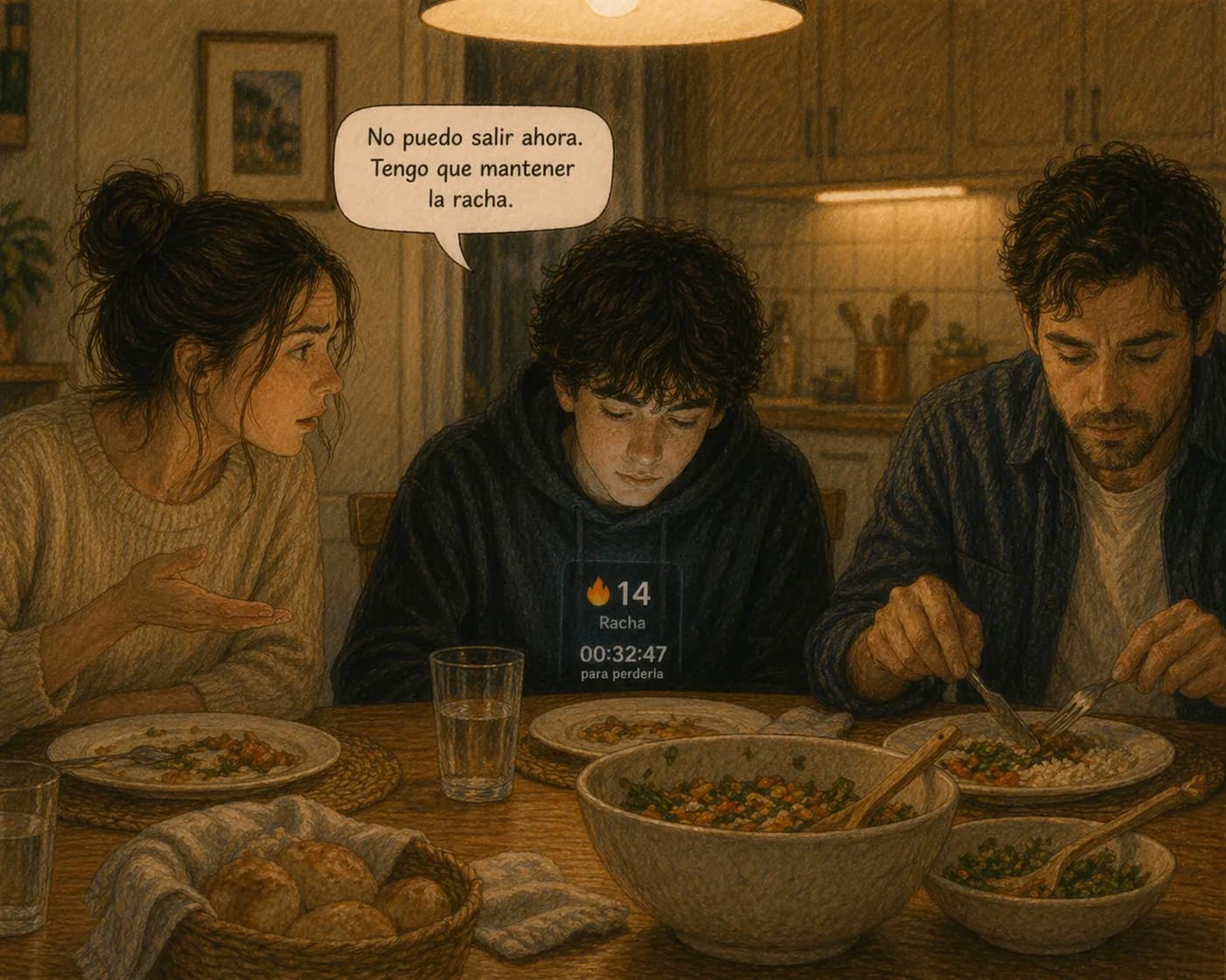 Leo en la cena con el móvil: 'No puedo salir ahora. Tengo que mantener la racha.'