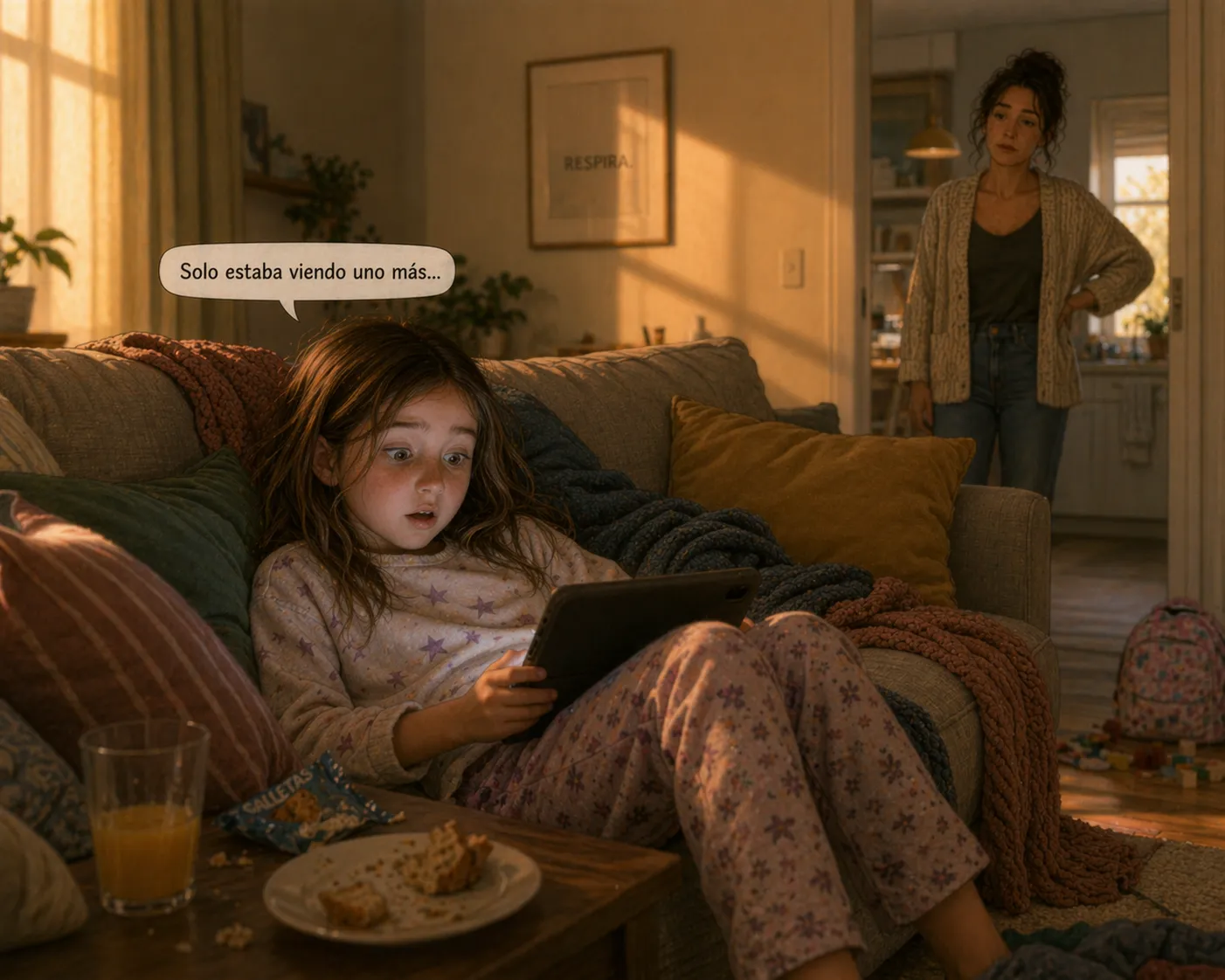 Alma con la tablet en el sofá, Inés al fondo: 'Solo estaba viendo uno más...'