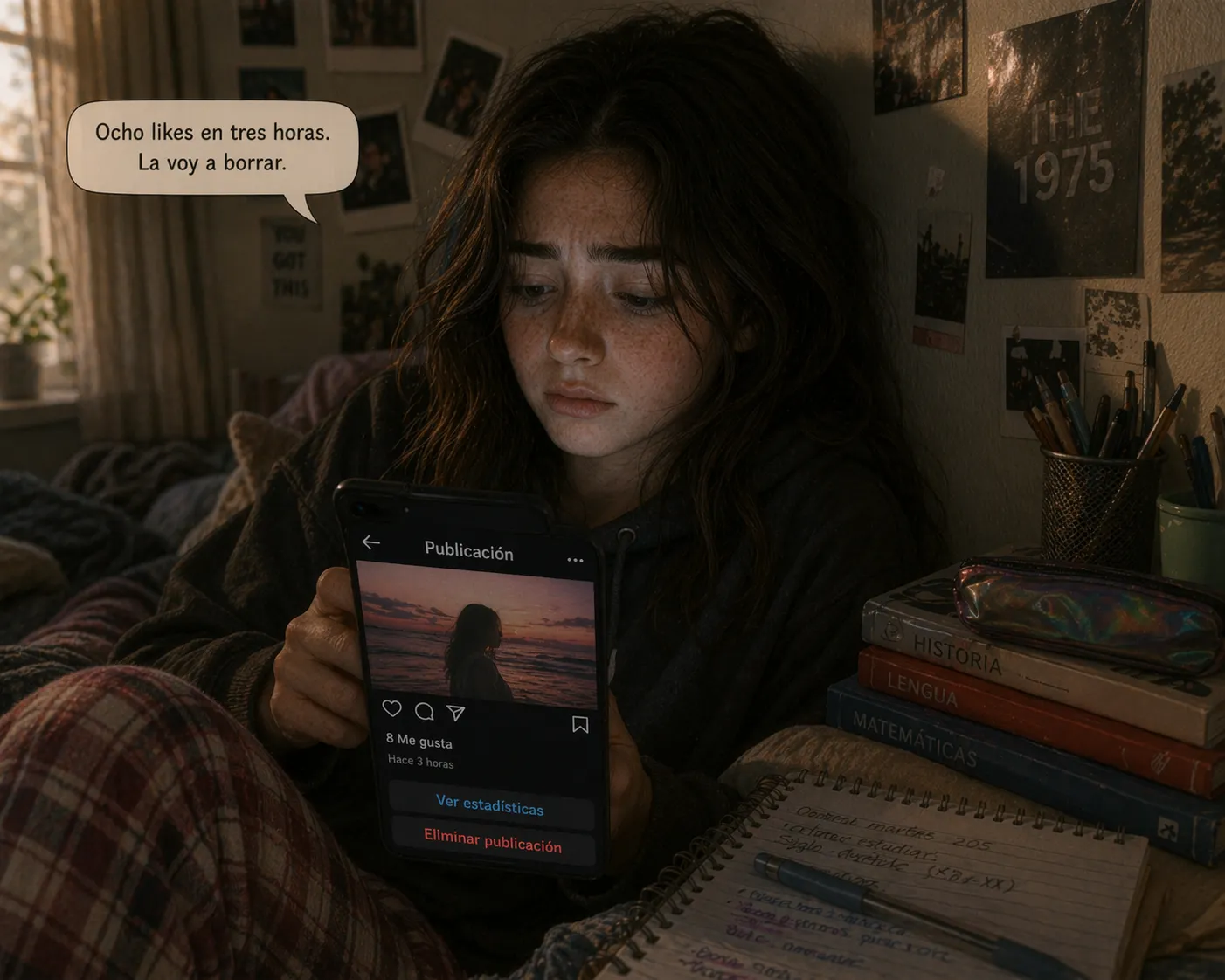 Vera evaluando borrar su publicación: 'Ocho likes en tres horas. La voy a borrar.'