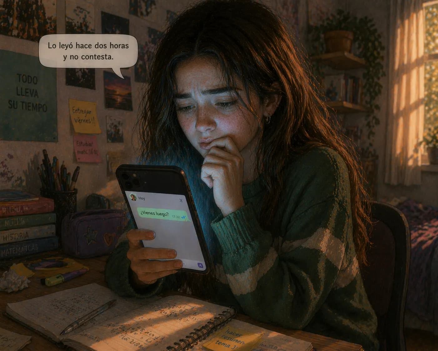 Vera con el doble check azul sin respuesta: 'Lo leyó hace dos horas y no contesta.'