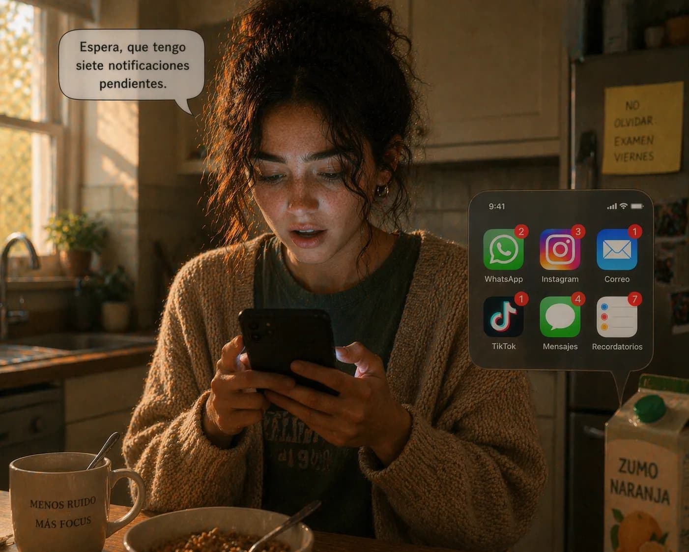 Inés limpia badges rojos: 'Espera, que tengo siete notificaciones pendientes.'