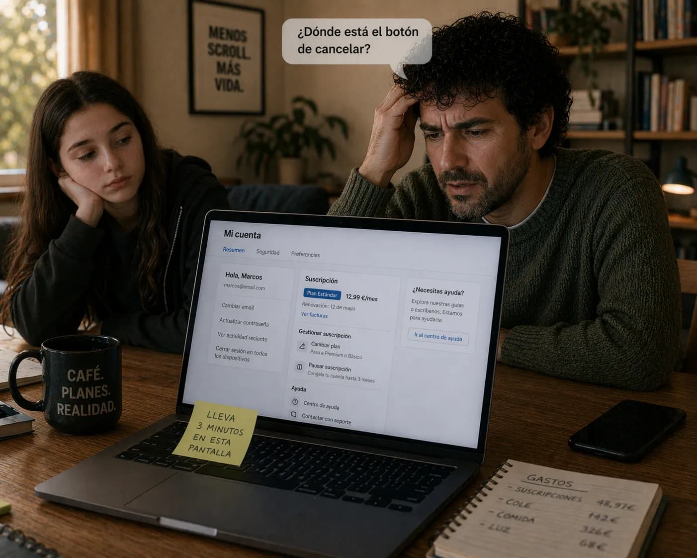 Marcos busca el botón de cancelar: '¿Dónde está el botón de cancelar?'