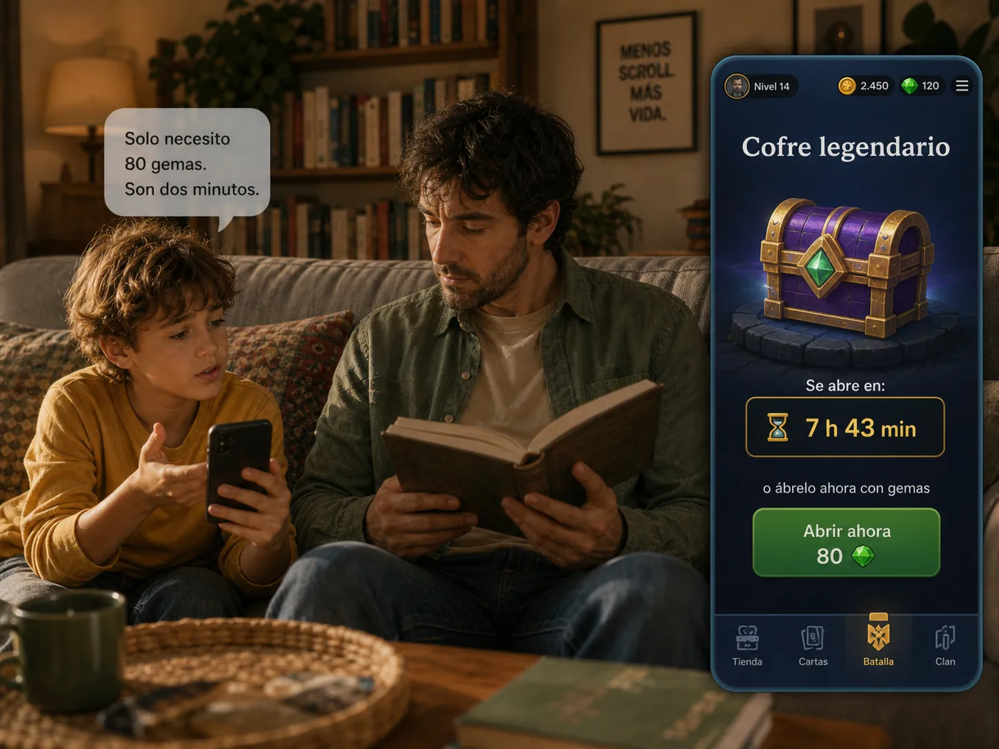 Leo (10 años) — Solo necesito 80 gemas para abrir el cofre ahora. Si espero no puedo jugar hasta mañana.