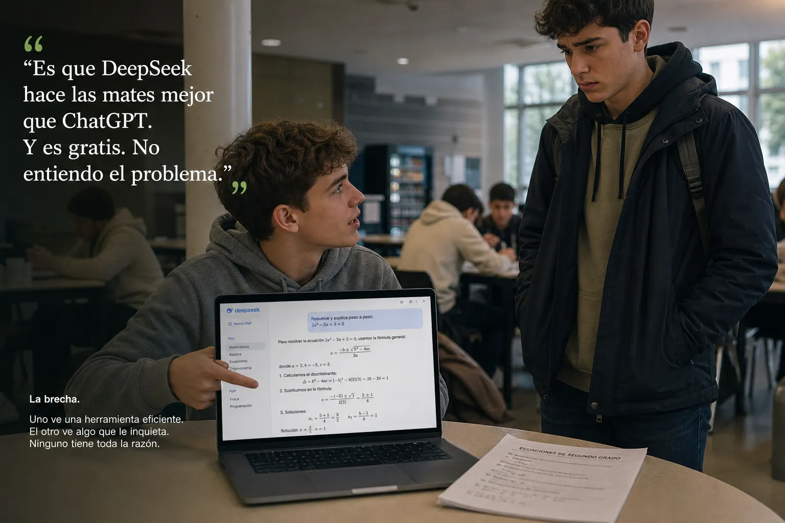 Leo (17 años) — Es que DeepSeek hace las mates mejor que ChatGPT. Y es gratis. No entiendo el problema.