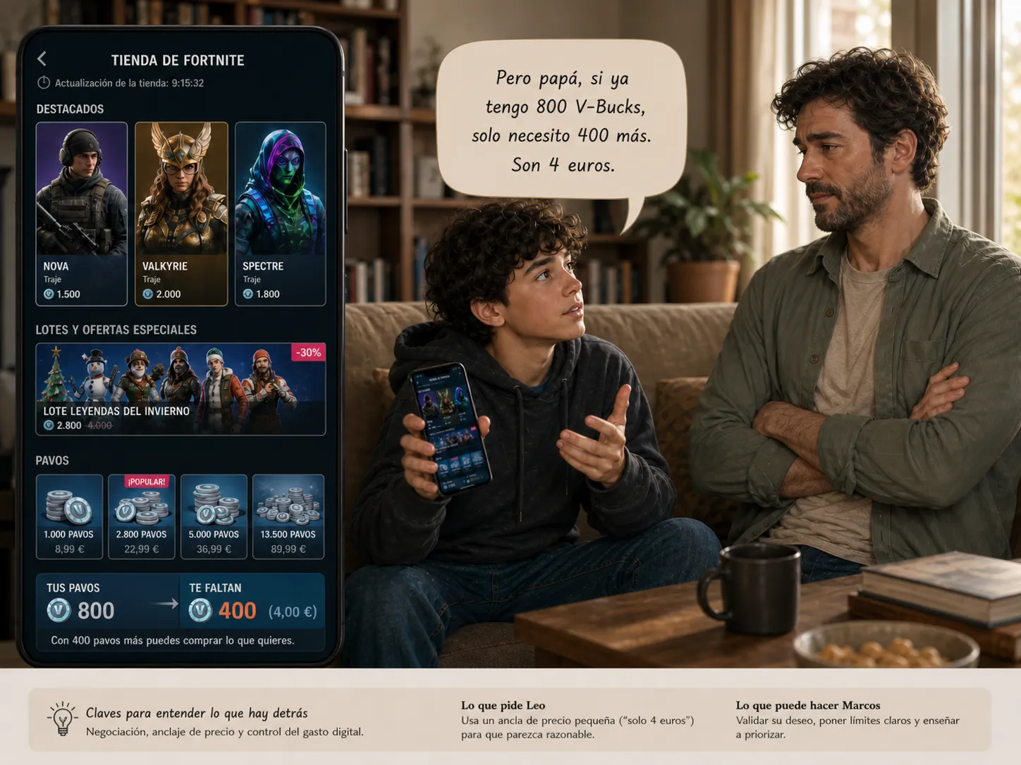 Leo (13 años) — Pero papá, si ya tengo 800 V-Bucks, solo necesito 400 más. Son 4 euros.