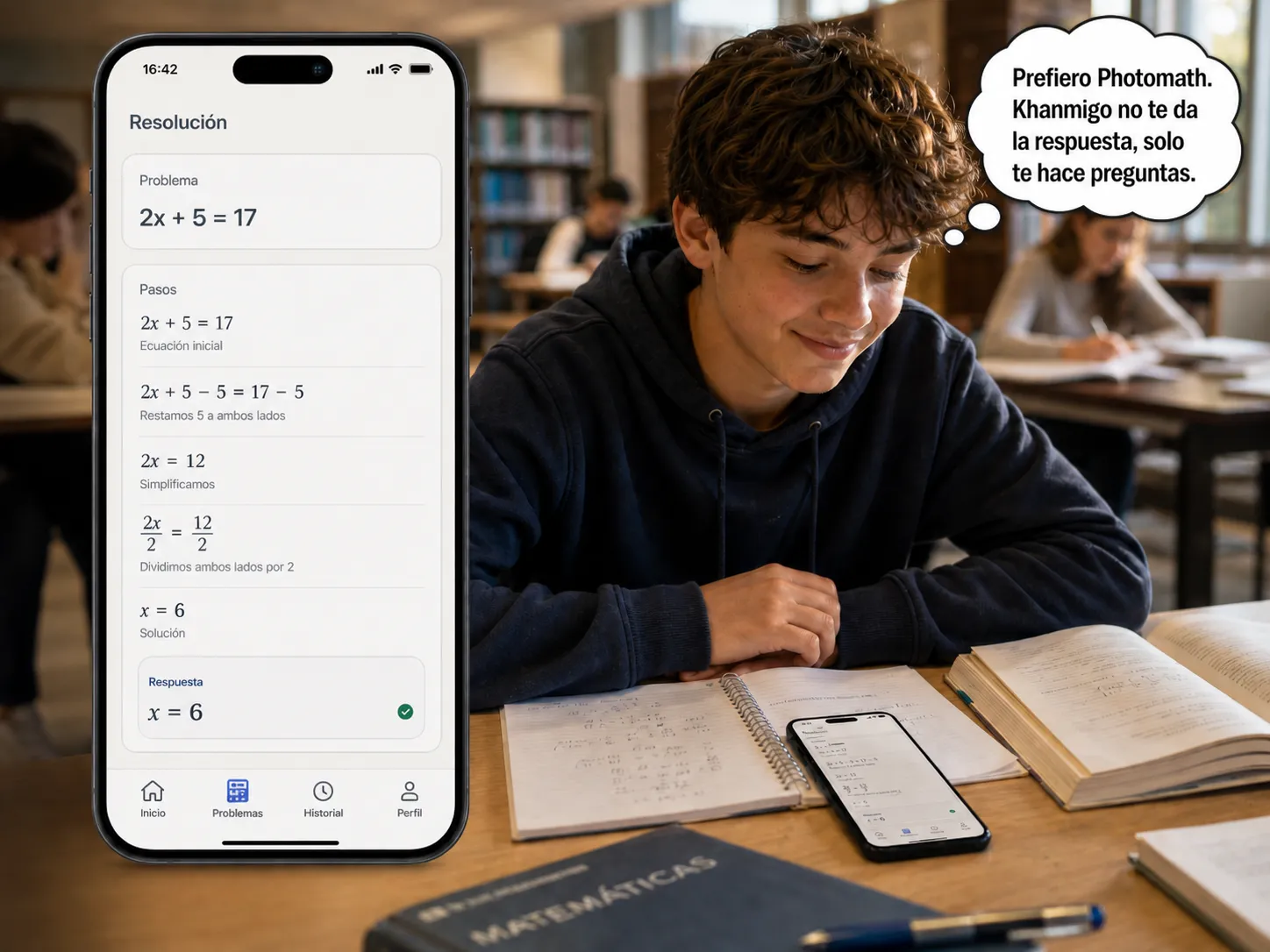 Leo (13 años) — Prefiero Photomath. Khanmigo no te da la respuesta, solo te pregunta cosas.