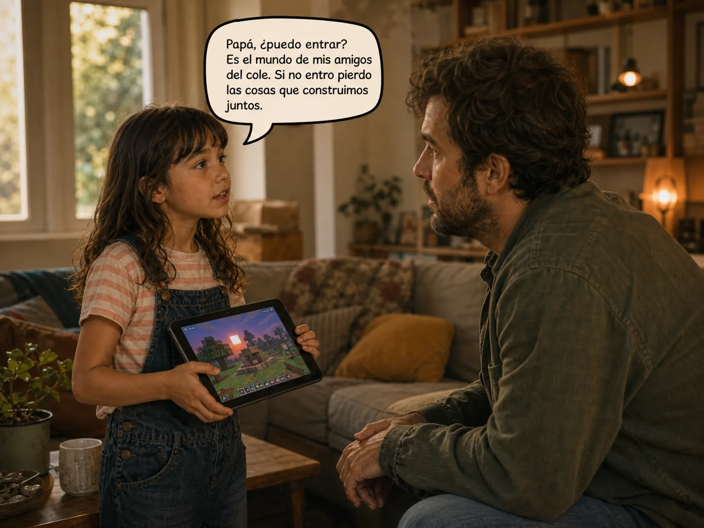 Alma (9 años) — Papá, ¿puedo jugar en el servidor de mis amigos del cole? Tienen un mundo juntos.
