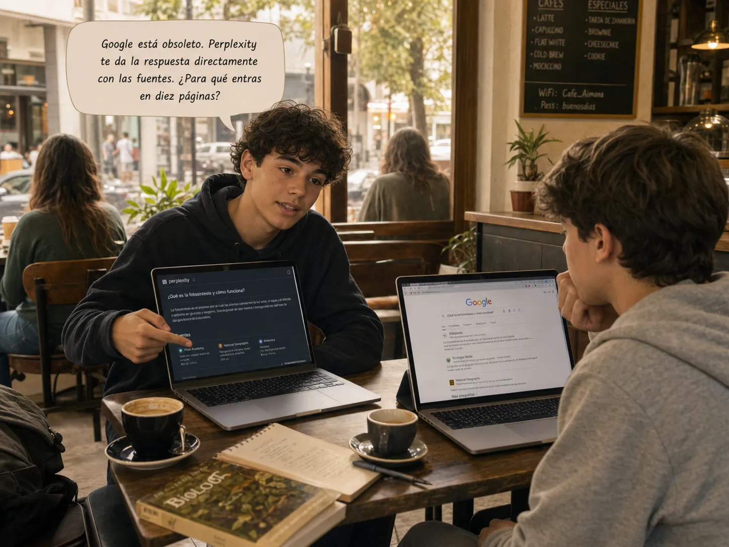 Leo (16 años) — Google está obsoleto. Le preguntas algo a Perplexity y te da la respuesta directamente con las fuentes.