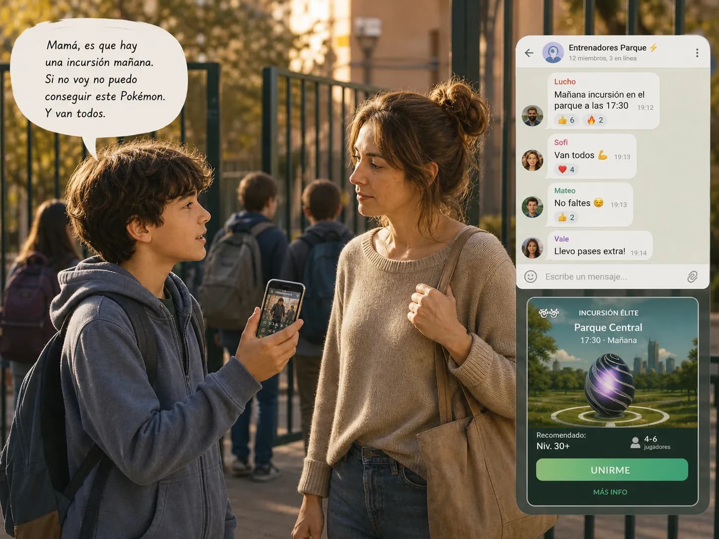 Leo (11 años) — Es que el grupo de WhatsApp del barrio tiene una incursión mañana en el parque. ¿Puedo ir?