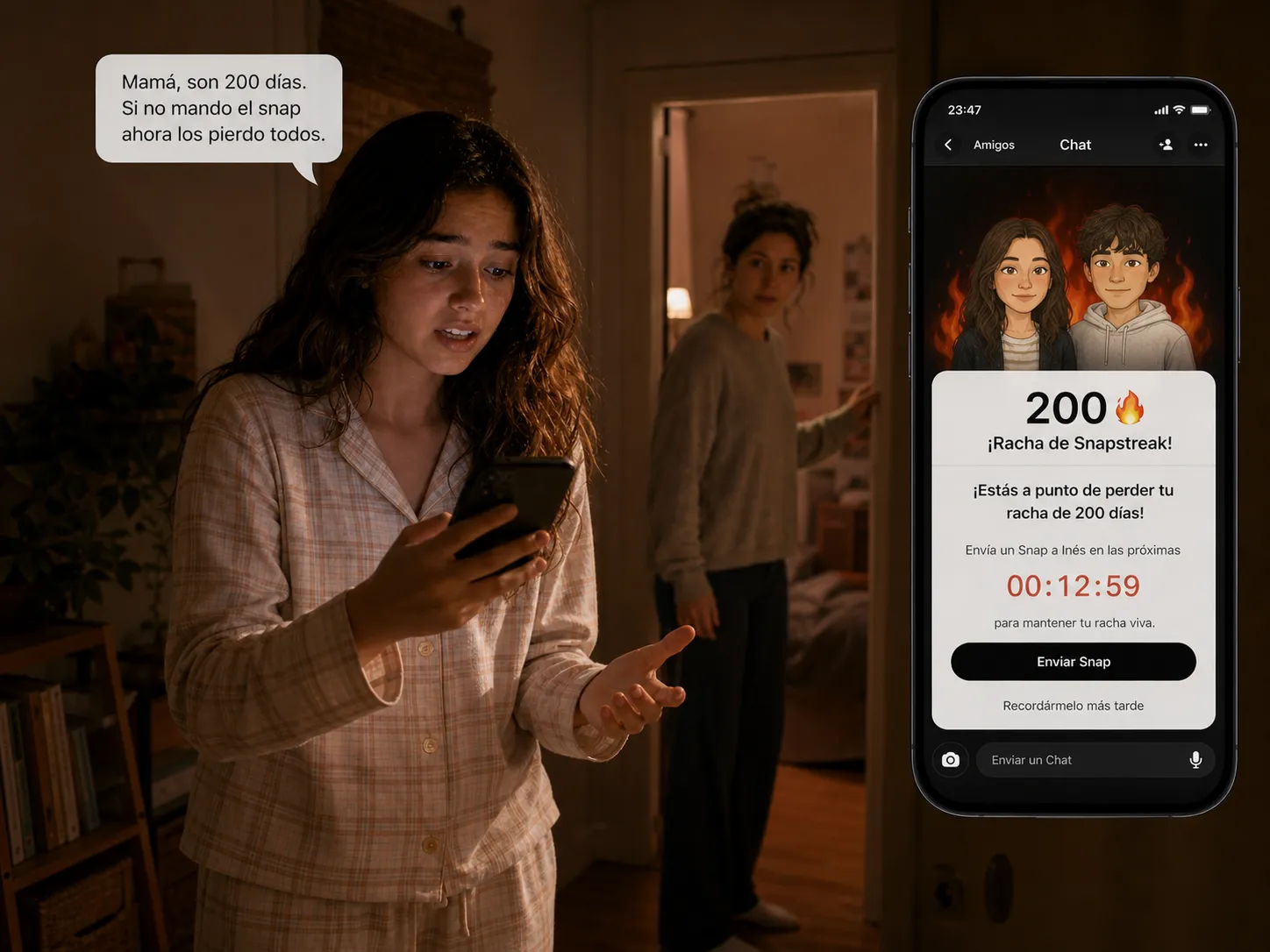 Vera (13 años) — Mamá, tengo que mandar un snap antes de las 12 o pierdo la racha de 200 días con Marina. Son 200 días.