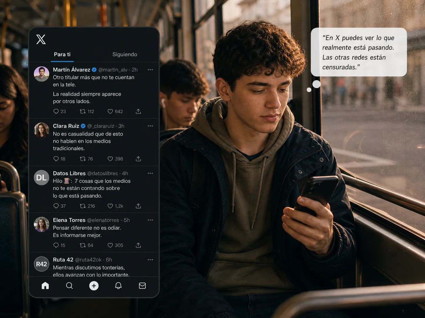 Leo (16 años) — En X puedes ver lo que realmente está pasando. Las otras redes están censuradas.